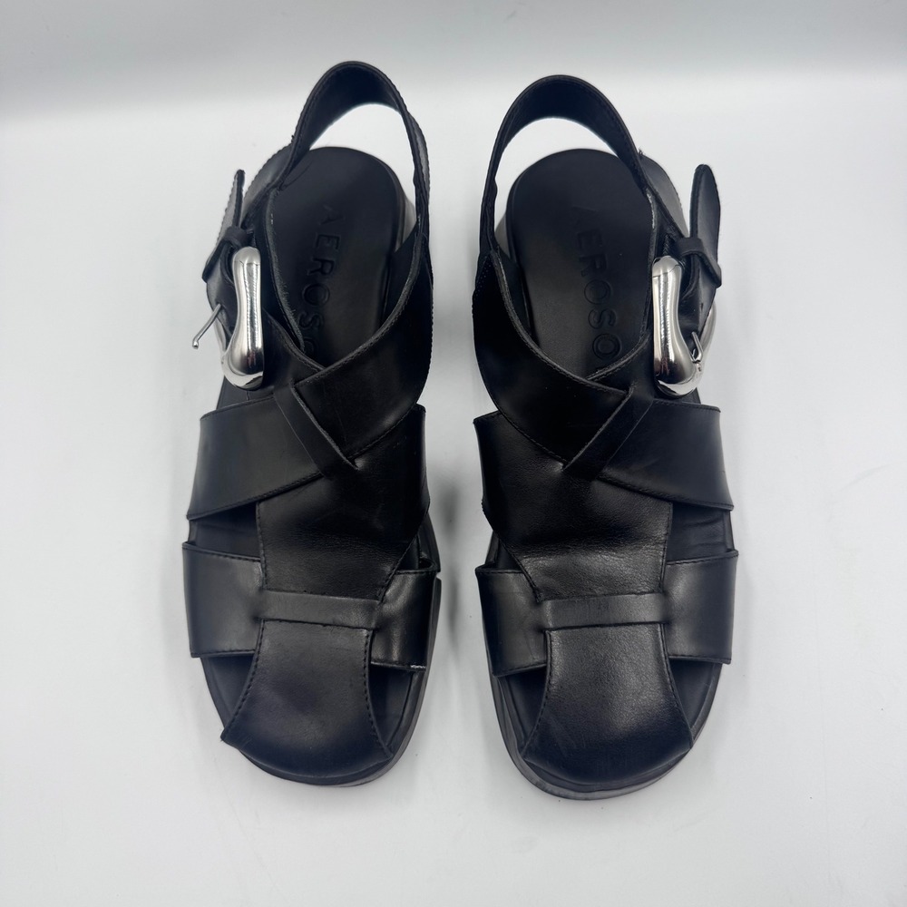 Aerosoles Fabian Black Leather Platform Fisherman Sandals Silver Buckle 8M